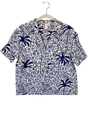 NWOT J Joie Linen Blend Short Sleeve Button Down Camp Shirt Floral Palm Print XS
